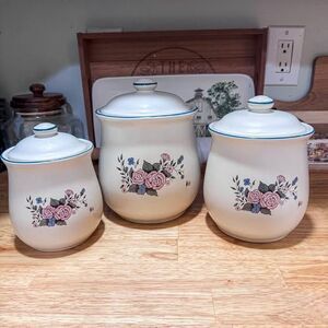 Set of 3 Vintage Floral Ceramic Canisters